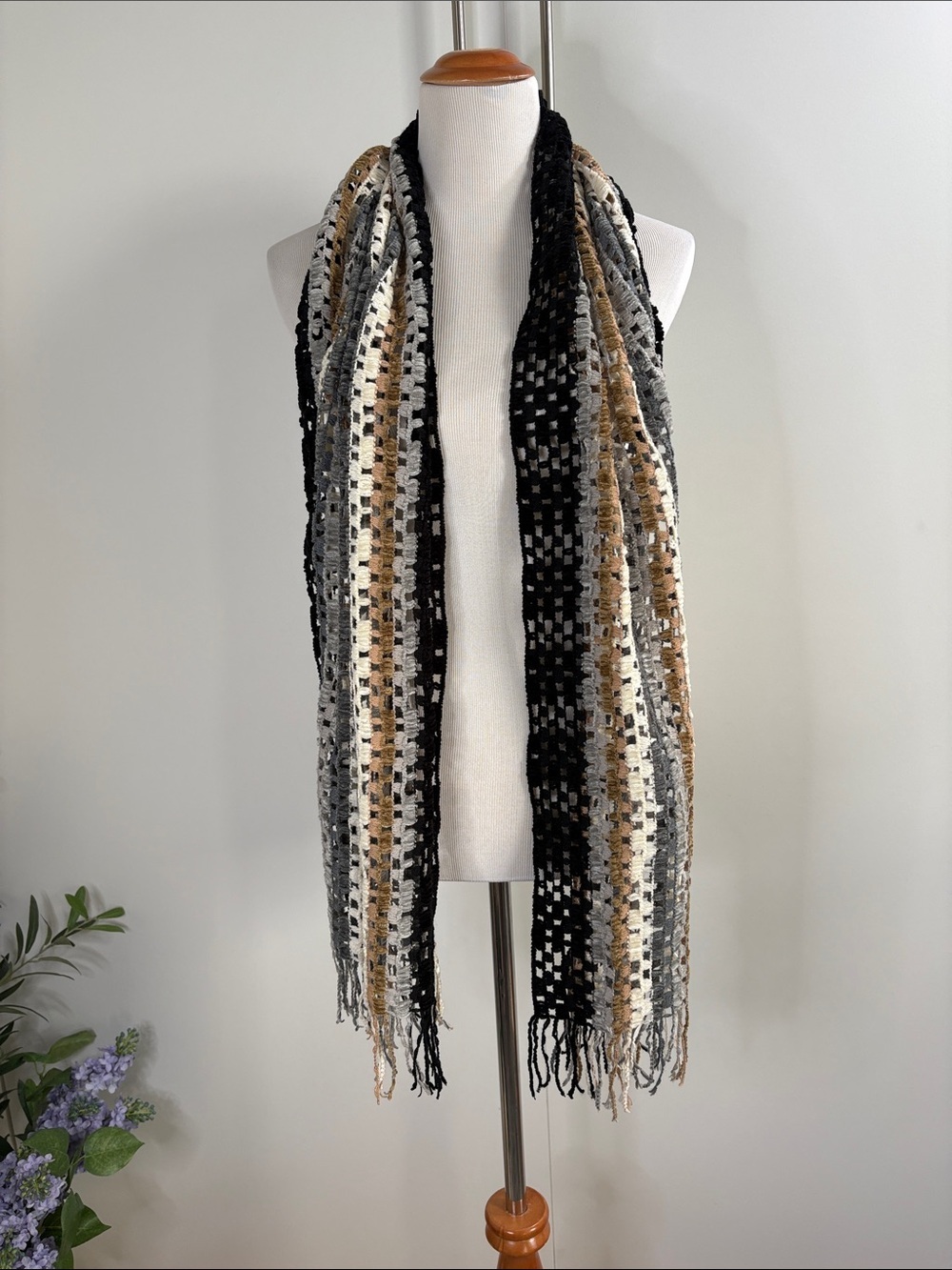 Missoni Black White Gray Gold Striped Fringe Knit Scarf Wrap